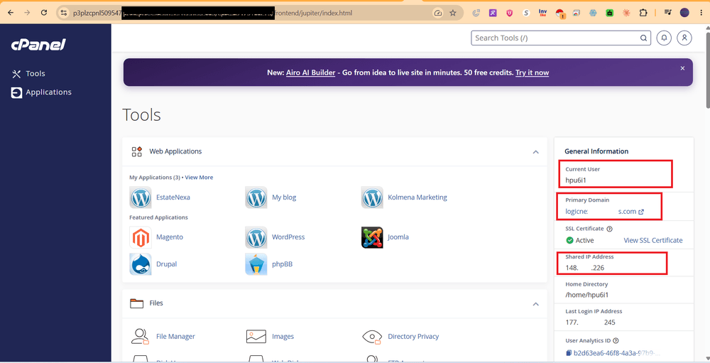 cPanel Tools home page showing the current user and shared IP address