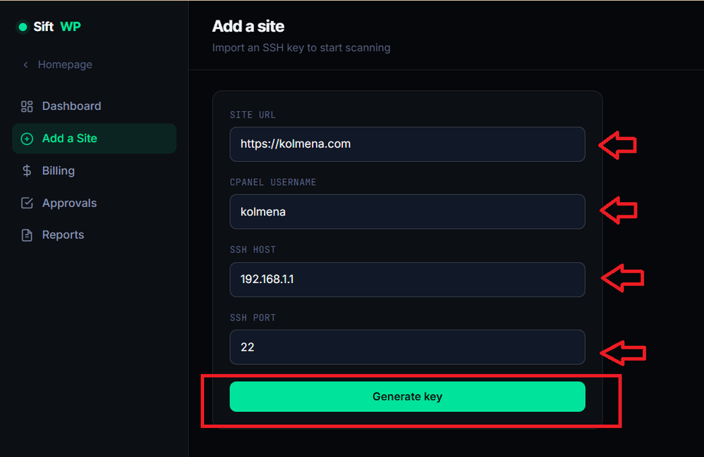 SiftWP's Add a Site form filled in with site URL, cPanel username, SSH host, and port