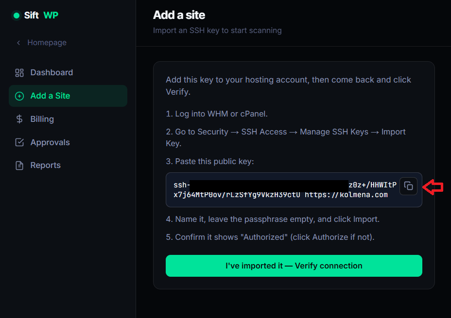 SiftWP showing the generated public key and import instructions