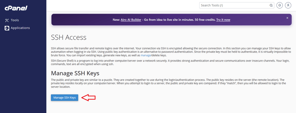 cPanel SSH Access page with Manage SSH Keys button highlighted