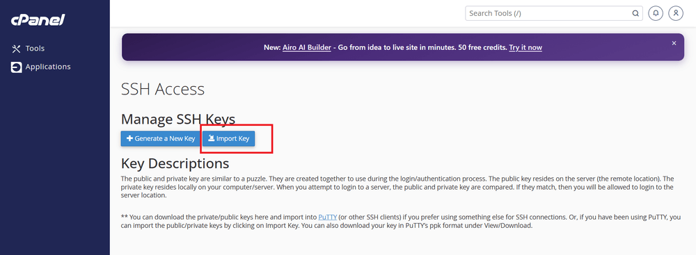 cPanel Manage SSH Keys page with the Import Key button highlighted