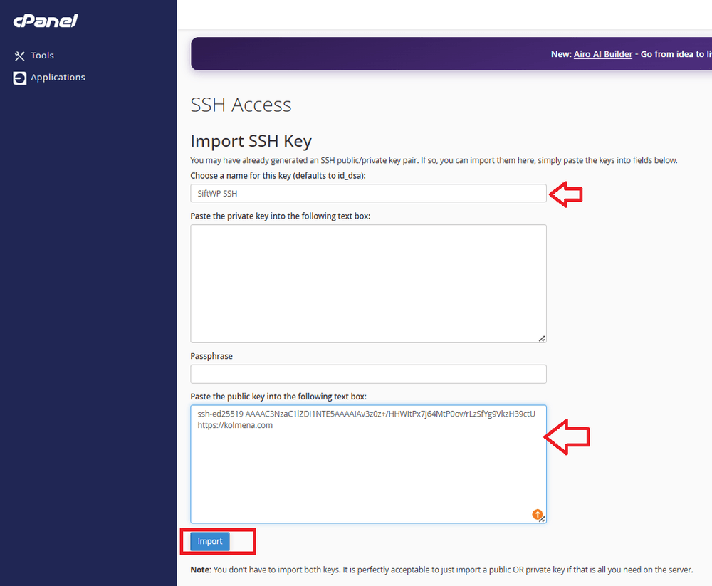 cPanel Import SSH Key form with the public key pasted in