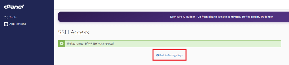 Green confirmation banner showing the SSH key was imported successfully