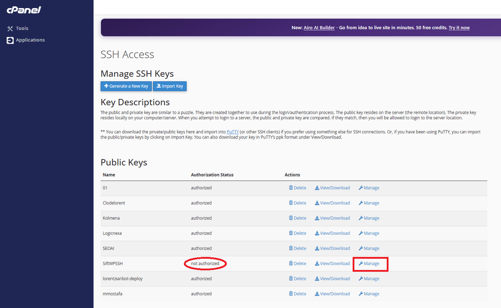 Public Keys table showing the new SSH key with a not-authorized status