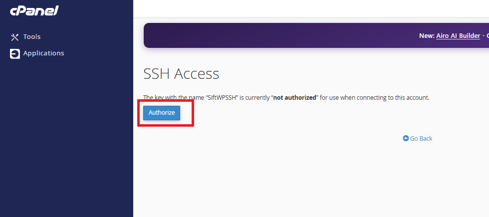 cPanel page with the Authorize button for the SSH key highlighted