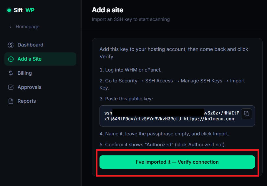 SiftWP Add a Site flow with the Verify connection button highlighted